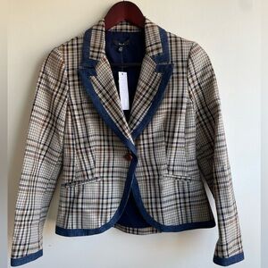 NWT DREW|| Anthropologie Plaid Blazer. Beige with Navy/Denim edge detail…